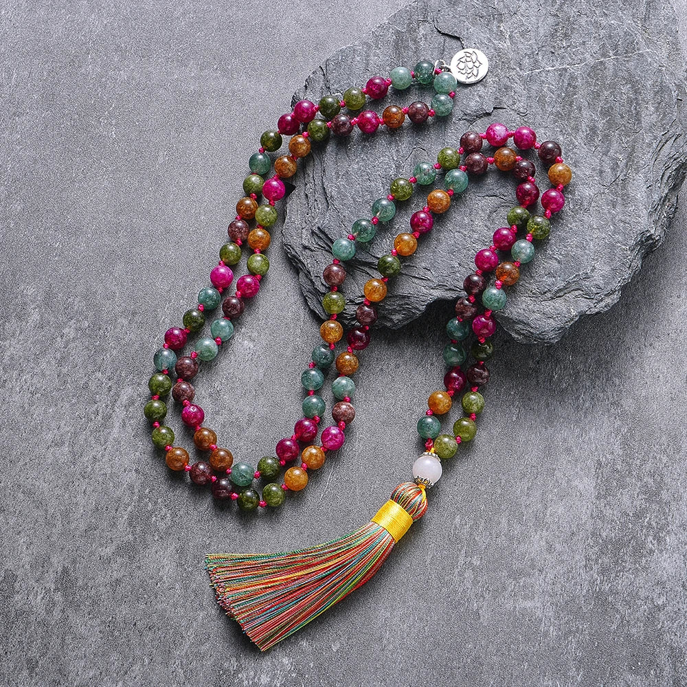Colorful Tourmaline Beads Necklace for Men and Women, 108 Mala Beads, Meditation Prayer Jewelry, Japamala Rosary, 8mm