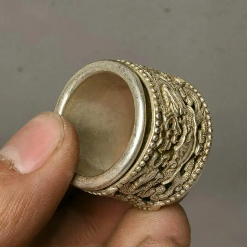 3Cm Chinese Old Miao Silver Handmade Dynasty Dragon Woman Finger Ring Statue