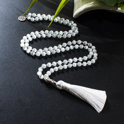 8mm Chatoyant Cat's Eye Stone Cyclophane Beads Knotted 108 Mala Necklace Meditation Yoga Prayer Jewelry for Women
