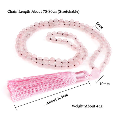 Pink Quartz 108 Beads Necklace Fashion Women 6mm Natural Stone Crystal Tassel Long Necklaces Meditation Yoga Spirit Mala Jewelry