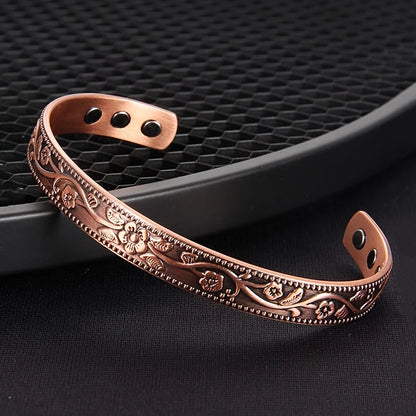 SNQP Magnetic Pure Copper Bracelet for Women Vintage Flower Energy Cuff Bangle Adjustable Jewelry Gift