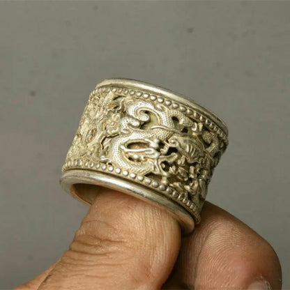3Cm Chinese Old Miao Silver Handmade Dynasty Dragon Woman Finger Ring Statue