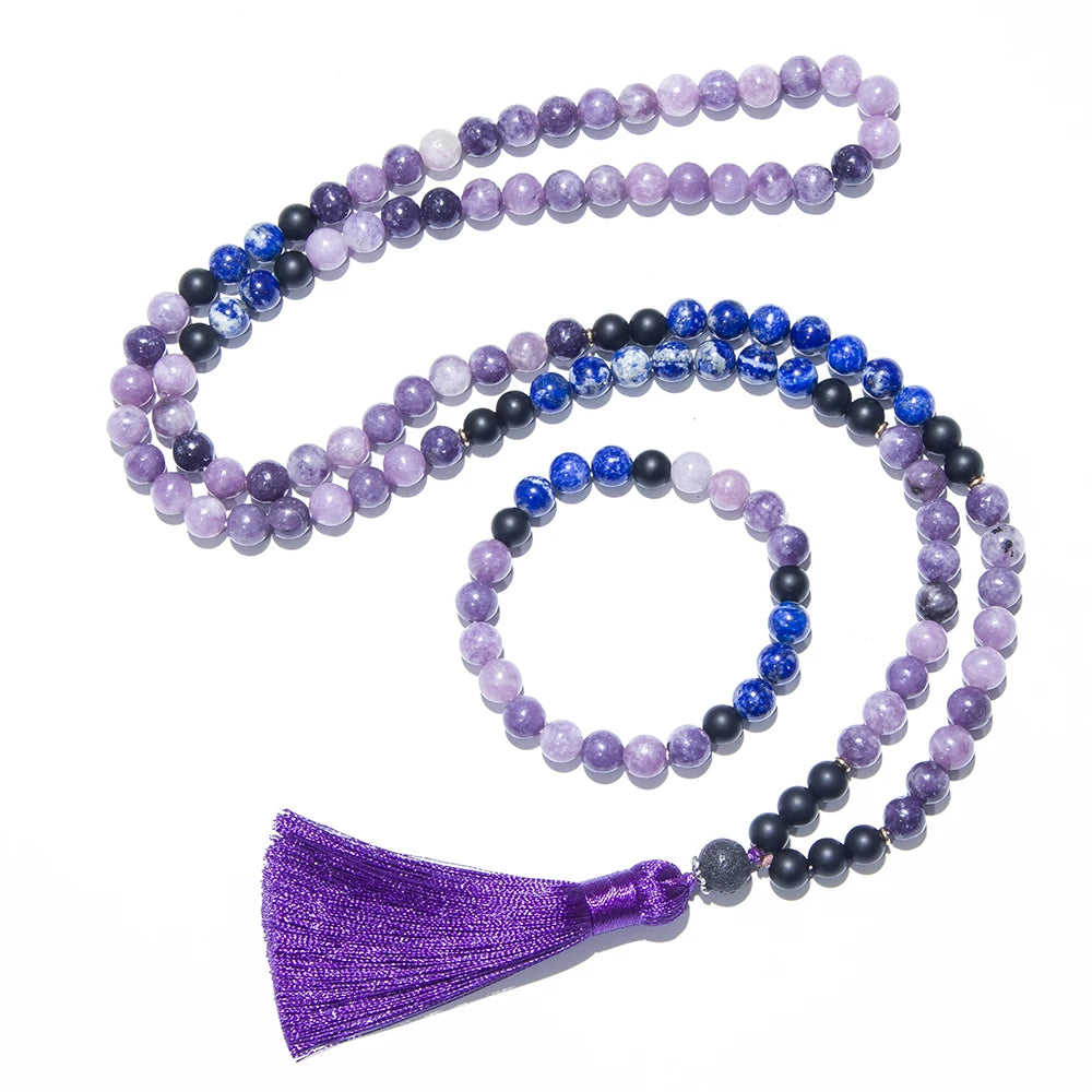 8mm Natural Lapis Lazuli Purple Mica Lepidolite Necklace 108 Mala Beads Necklace Meditation Prayer Rosary Japamala Jewelry Set