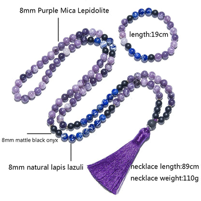 8mm Natural Lapis Lazuli Purple Mica Lepidolite Necklace 108 Mala Beads Necklace Meditation Prayer Rosary Japamala Jewelry Set