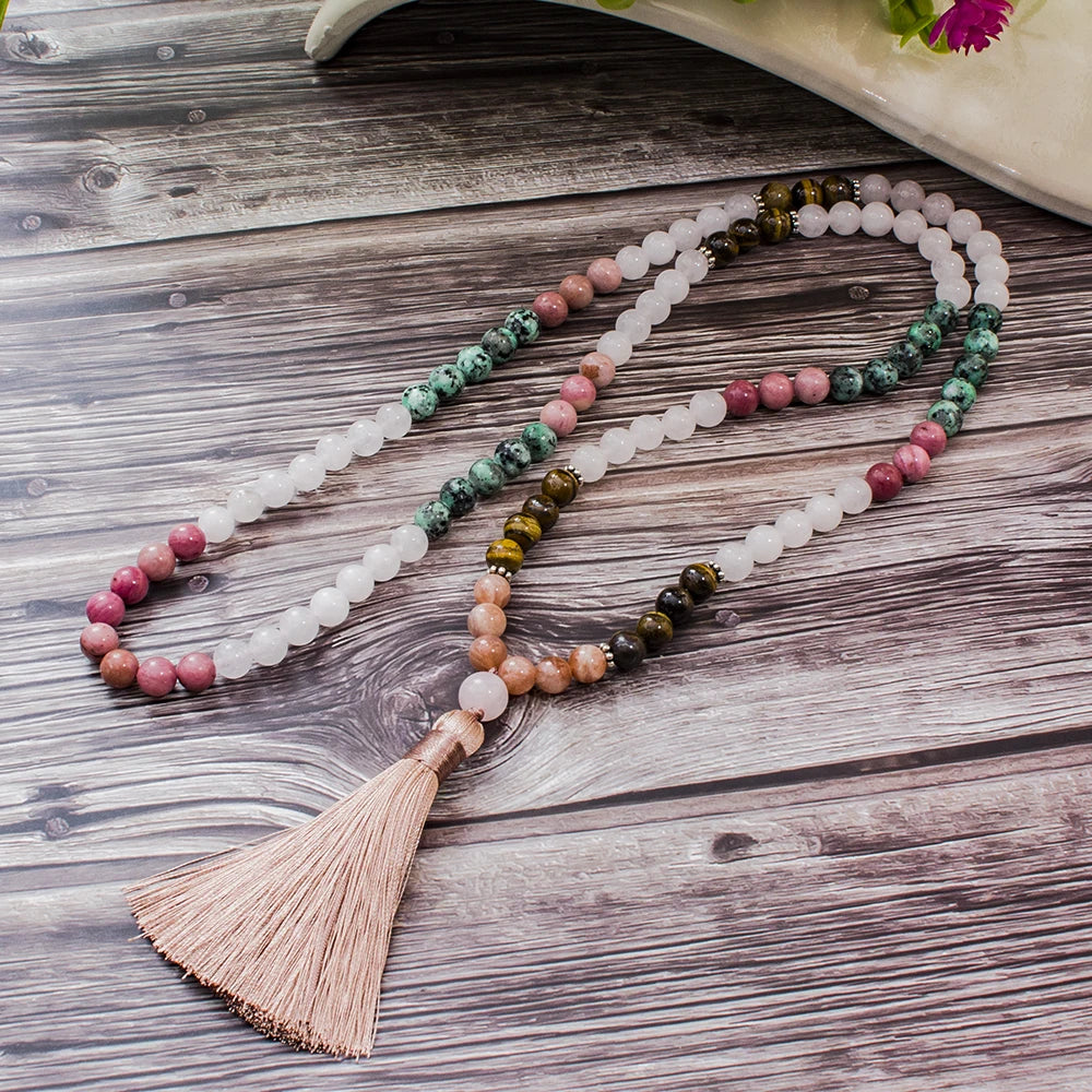 8mm White Jade Sun Stone Tiger Eye Beads 108 Mala Necklace Meditation Yoga Prayer Jewelry Japamala Set for Men and Women