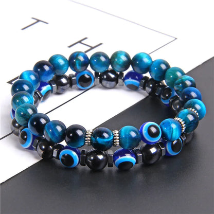 Lucky Evil Eye Beads Bracelet Natural Stone Lava Hematite Bracelet Set Multilayer Bracelets Women Men Handmade Elastic Jewelry
