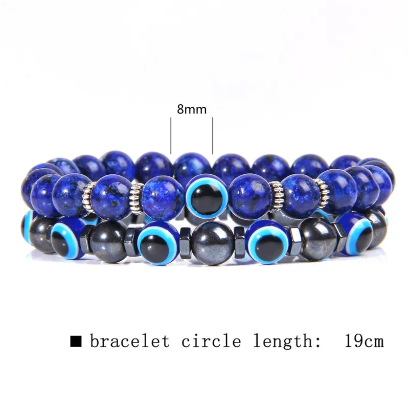 Lucky Evil Eye Beads Bracelet Natural Stone Lava Hematite Bracelet Set Multilayer Bracelets Women Men Handmade Elastic Jewelry