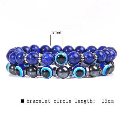 Lucky Evil Eye Beads Bracelet Natural Stone Lava Hematite Bracelet Set Multilayer Bracelets Women Men Handmade Elastic Jewelry