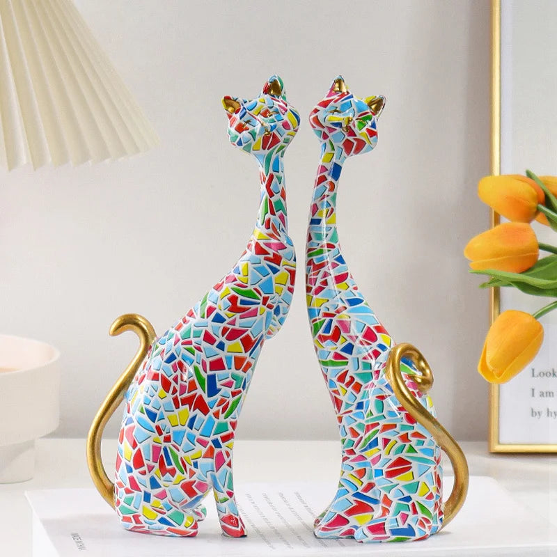 Nordic Painted Graffiti Cat Figures Lovers Cat Statue Desktop Animal Crafts Ornaments Home Bedroom Porch Decor Lover Gift