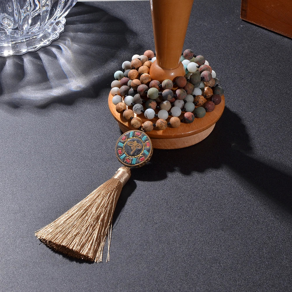 8mm Natural Stone Beads Knotted 108 Mala Necklace Meditation Yoga Prayer Rosary with Six Character Pendant Jewellery