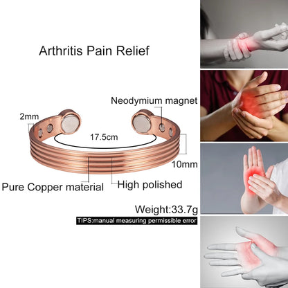 Pure Copper Bracelets for Men Women Adjustable Cuff Stripe Magnetic Bangles Arthritis Health High Magnet Solid Copper Jewelry
