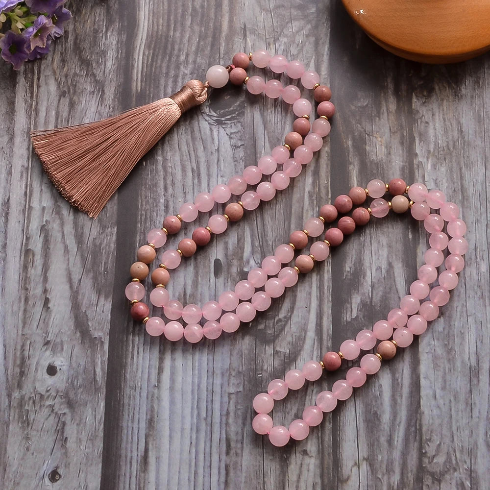 8mm Rhododenite Rose Quartz Beaded 108 Mala Necklace Meditation Yoga Prayer Jewelry with Bracelet Tassel Rosary for Women