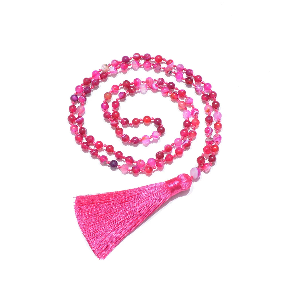 6mm Rose Red Striped Agate Beads Knotted 108 Mala Necklace Meditation Yoga Prayer Jewelry Women's Tassel Rosary