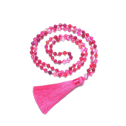 6mm Rose Red Striped Agate Beads Knotted 108 Mala Necklace Meditation Yoga Prayer Jewelry Women's Tassel Rosary