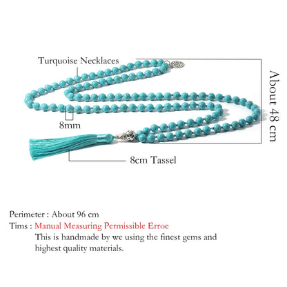 8mm Blue Turquoise Beads Knotted 108 Mala Necklace Meditation Yoga Prayer Jewelry