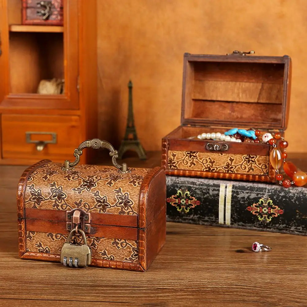 Jewelry Organizer Box Retro Imitation Copper Latch Printed Wooden Mini Treasure Chest Storage Box Photography Prop Earrings Box