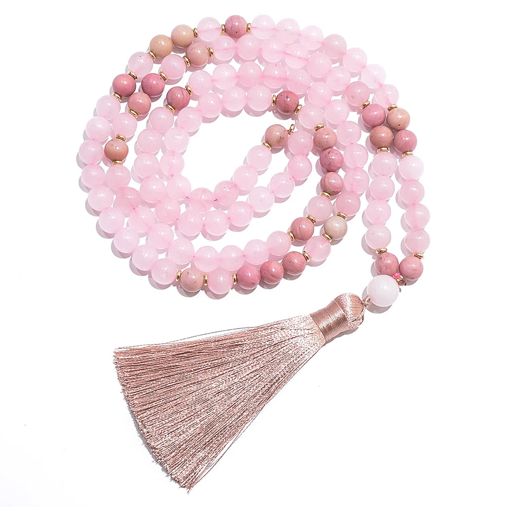 8mm Rhododenite Rose Quartz Beaded 108 Mala Necklace Meditation Yoga Prayer Jewelry with Bracelet Tassel Rosary for Women