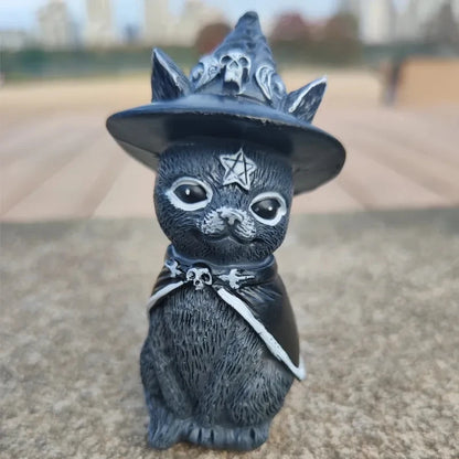 Garden Witch Cat Sculpture Gothic Kitten Decoration Halloween Magic Cat Statue Resin Craft Ornament Home Outdoor Courtyard Decor