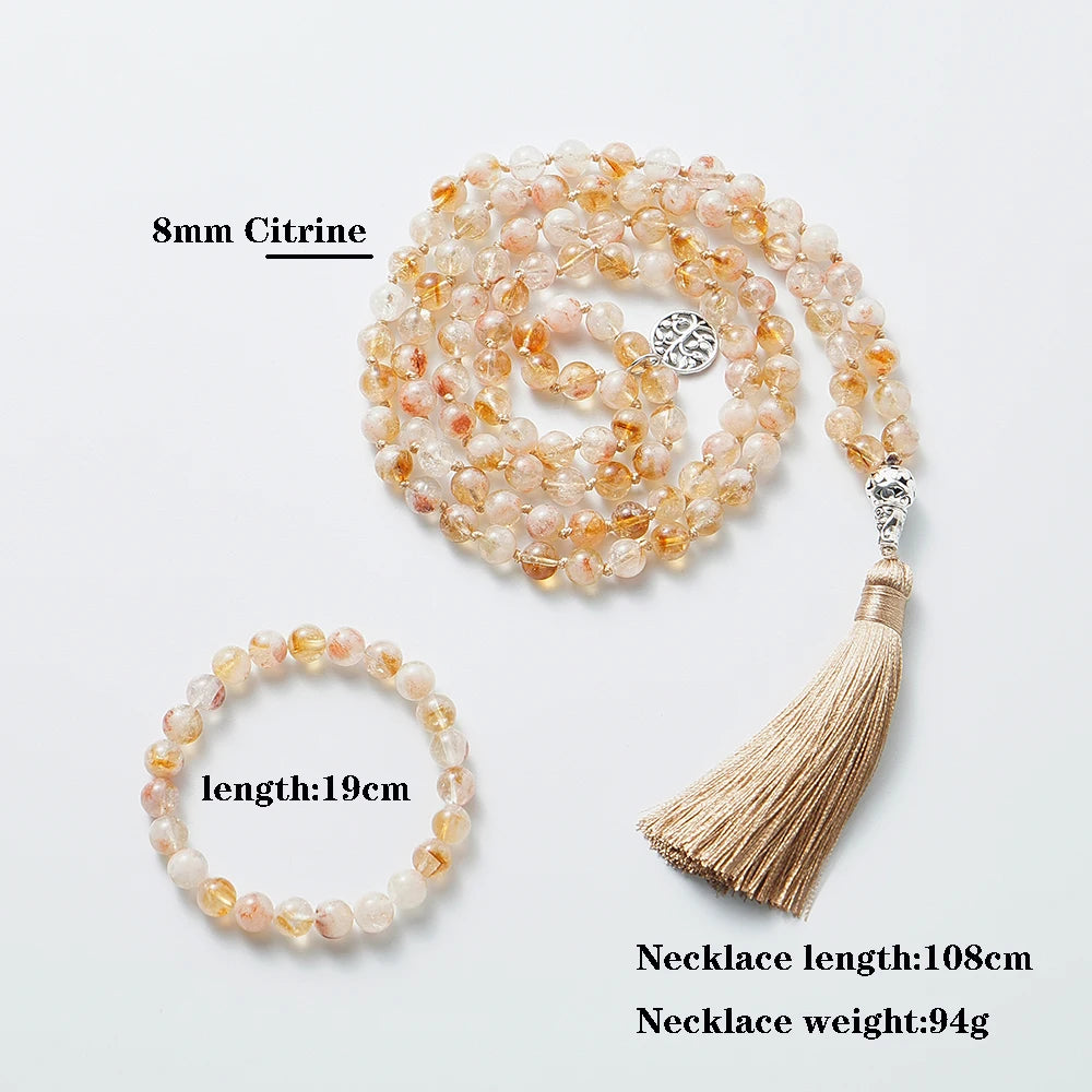 8mm Citrine Knot 108 Mala Beaded Necklace Bracelet Set Meditation Yoga Prayer Jewelry Japamala Rosary for Men and Women