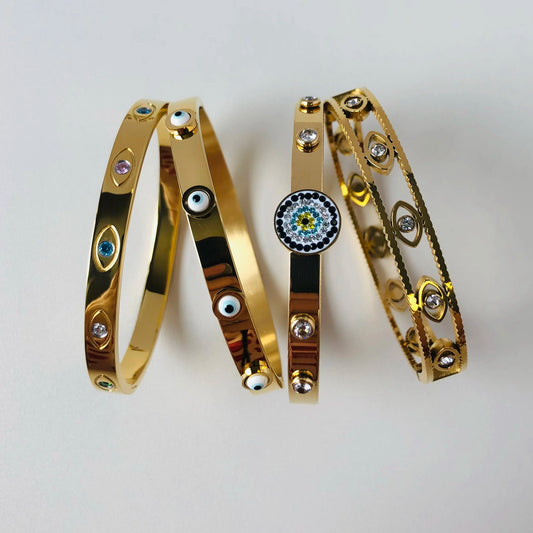 Trendy Hollow Evil Eye Stainless Steel Bangles Bracelets for Women Vintage Classic Charm Colorful Zircon Friendship Accessories