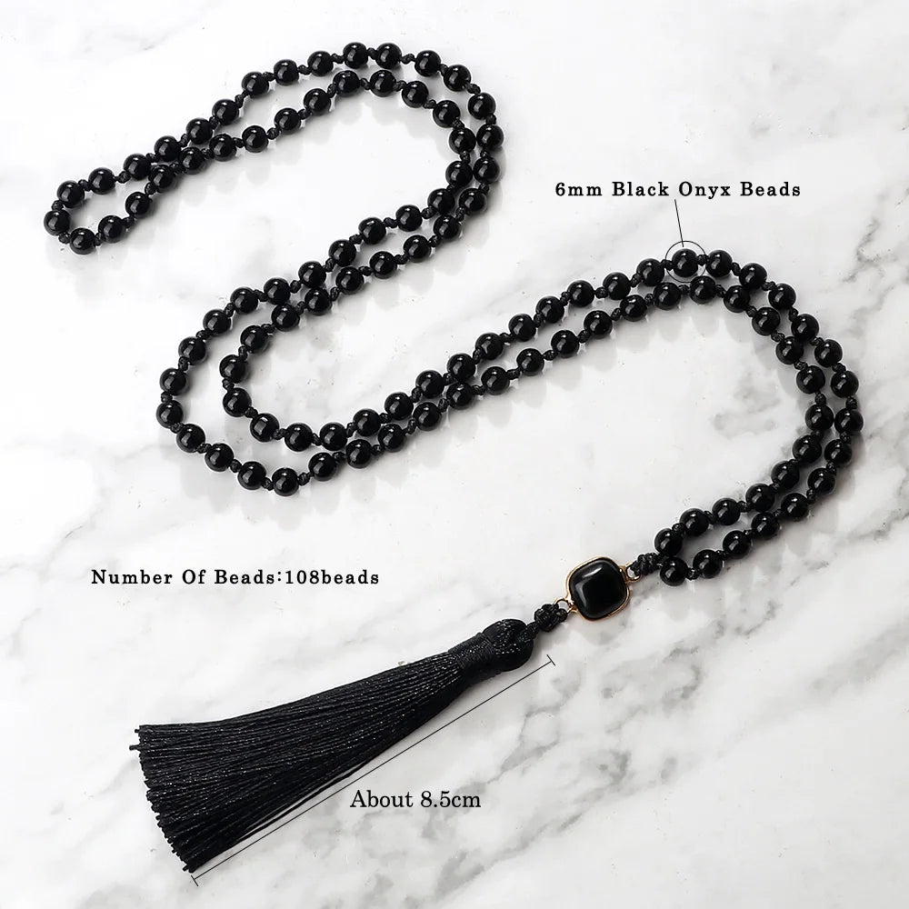 New Natural Black Obsidian Stone Necklaces Men Shiny Black Onyx 108 Mala Beads Necklace Women Buddhist Prayer Yoga Jewelry Gifts