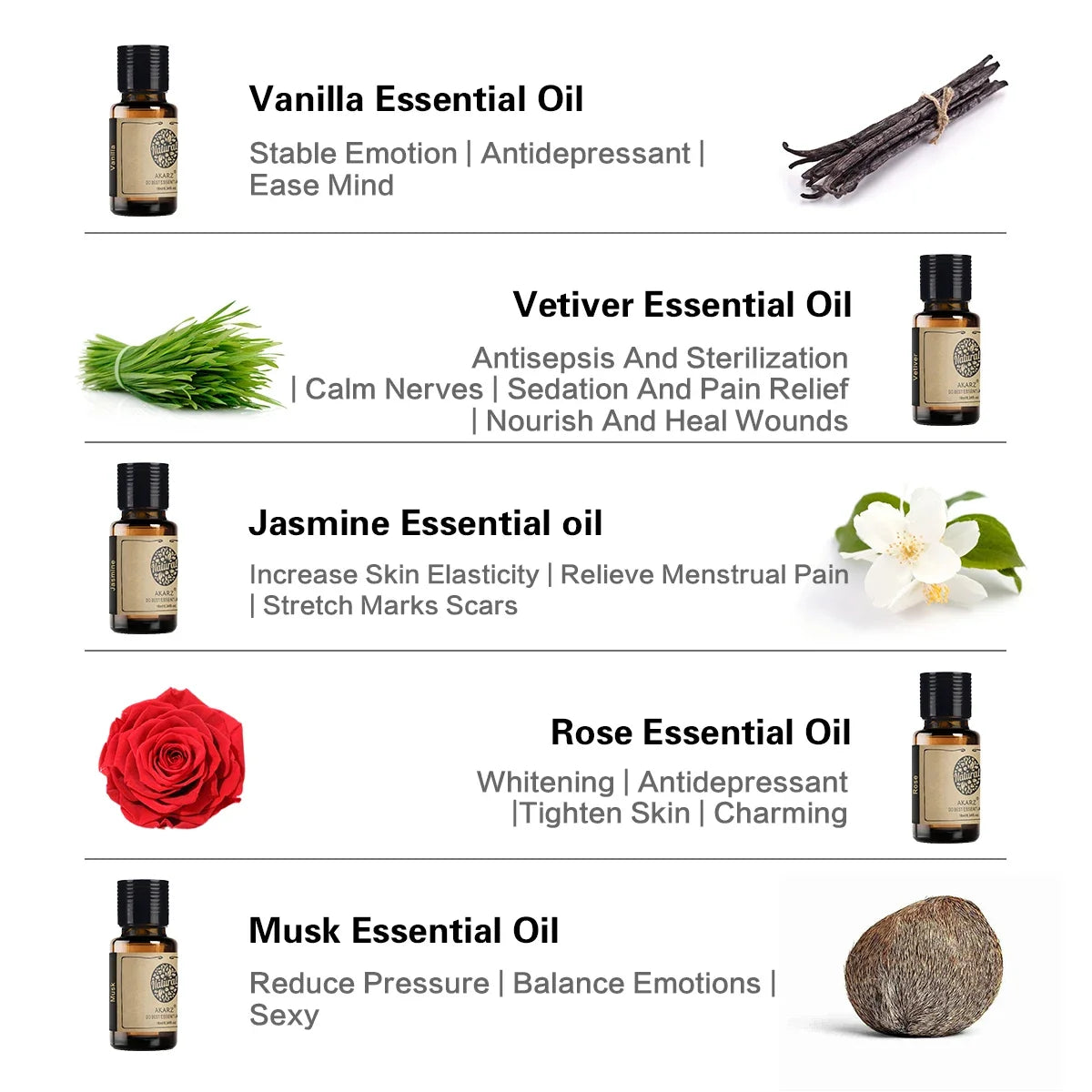 Premium AKARZ Hots Serie 5 Essential Oils - Vanilla, Jasmine, Vetiver, Rose & Musk - Aromatherapy, Massage, Diffuser and DIY
