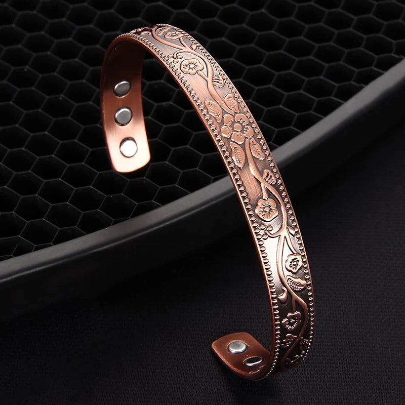 SNQP Magnetic Pure Copper Bracelet for Women Vintage Flower Energy Cuff Bangle Adjustable Jewelry Gift