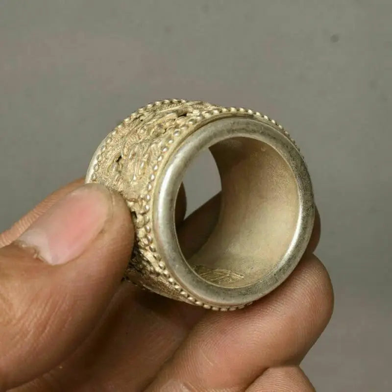 3Cm Chinese Old Miao Silver Handmade Dynasty Dragon Woman Finger Ring Statue