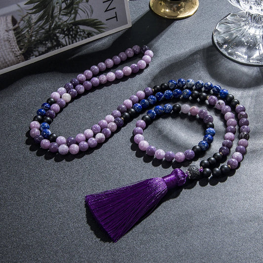 8mm Natural Lapis Lazuli Purple Mica Lepidolite Necklace 108 Mala Beads Necklace Meditation Prayer Rosary Japamala Jewelry Set