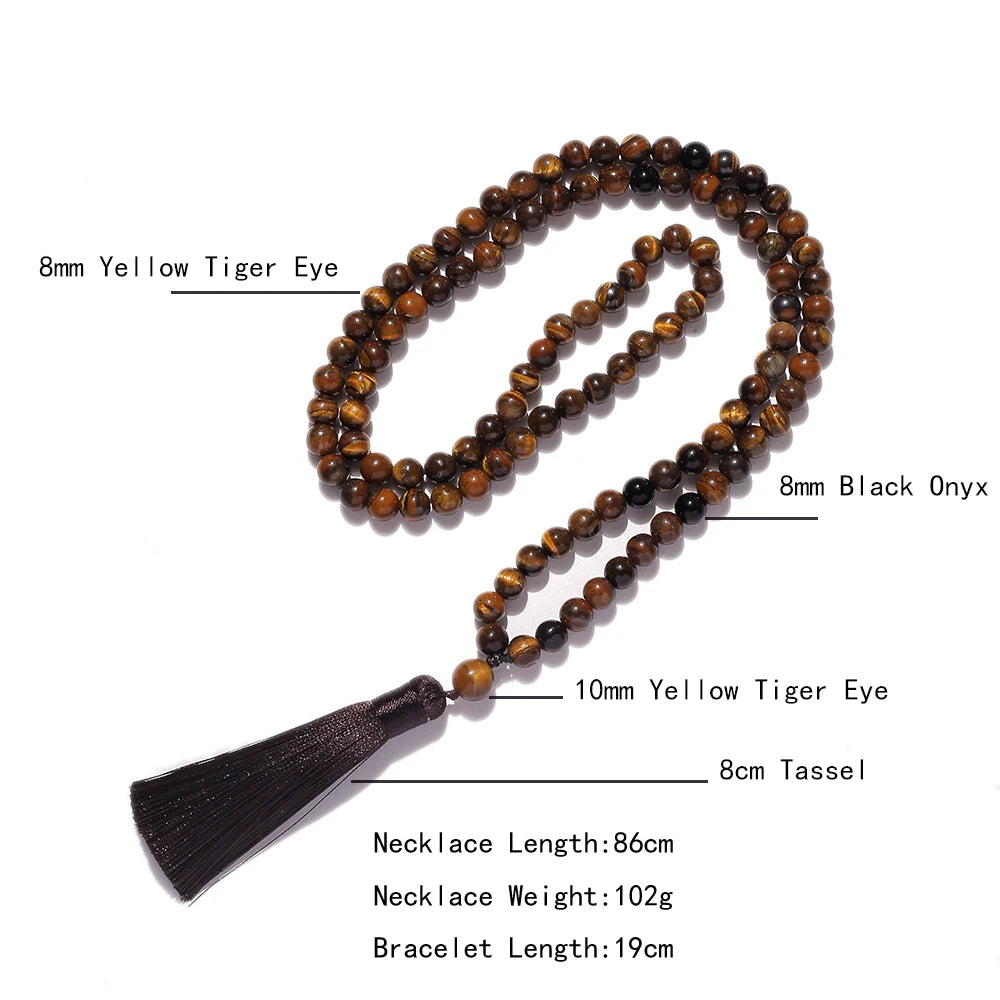 8mm Natural Yellow Tiger Eyes Black Onyx Necklace Meditation Yoga Jewelry 108 Japa Mala Beaded Bracelet Men's and Women's Sets