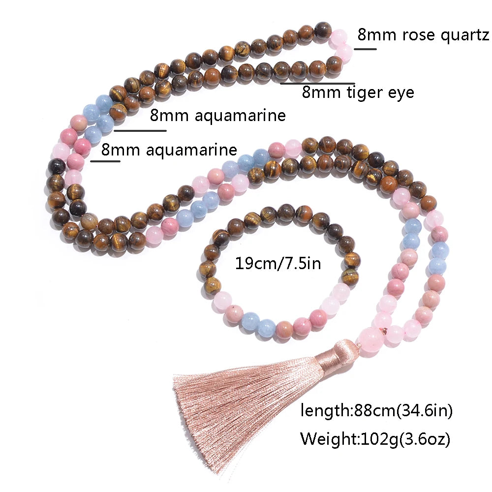 8mm Yellow Tiger Eye Rose Quartz Aquamarine Beads 108 Mala Necklace Meditation Prayer Jewelry Japamala Set Rosary for Women