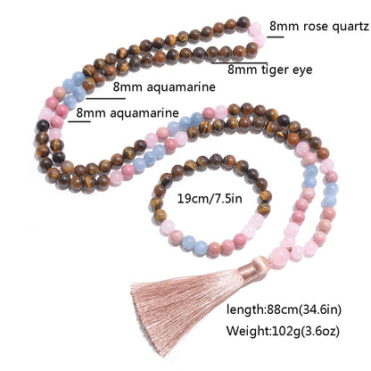 8mm Yellow Tiger Eye Rose Quartz Aquamarine Beads 108 Mala Necklace Meditation Prayer Jewelry Japamala Set Rosary for Women