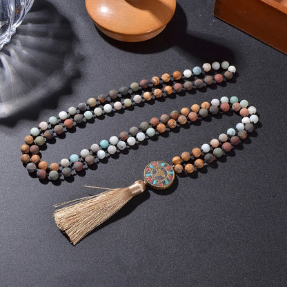 8mm Natural Stone Beads Knotted 108 Mala Necklace Meditation Yoga Prayer Rosary with Six Character Pendant Jewellery