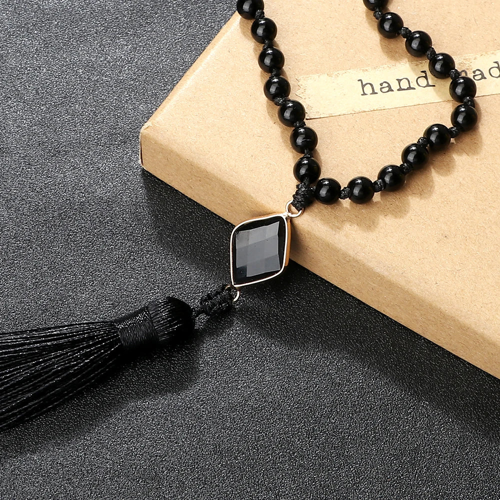 New Natural Black Obsidian Stone Necklaces Men Shiny Black Onyx 108 Mala Beads Necklace Women Buddhist Prayer Yoga Jewelry Gifts