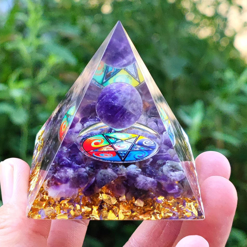 HANDMADE OHM AMETHYST SPHERE BLUE QUARTZ ORGONE PYRAMID REIKI ENERGY CHAKRA CRYSTAL HEALING ORGONITE PYRAMIDE