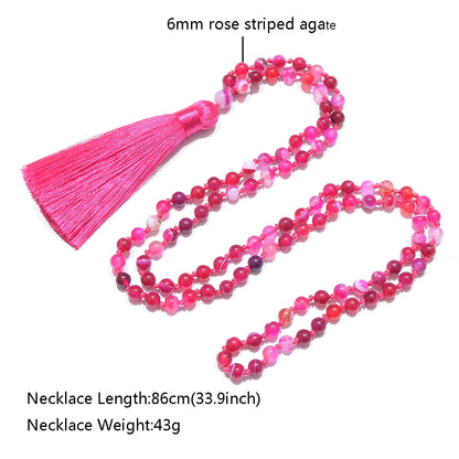 6mm Rose Red Striped Agate Beads Knotted 108 Mala Necklace Meditation Yoga Prayer Jewelry Women's Tassel Rosary