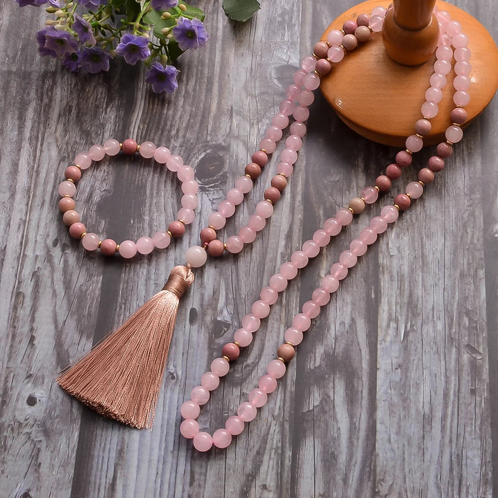 8mm Rhododenite Rose Quartz Beaded 108 Mala Necklace Meditation Yoga Prayer Jewelry with Bracelet Tassel Rosary for Women