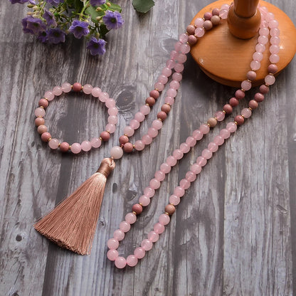 8mm Rhododenite Rose Quartz Beaded 108 Mala Necklace Meditation Yoga Prayer Jewelry with Bracelet Tassel Rosary for Women