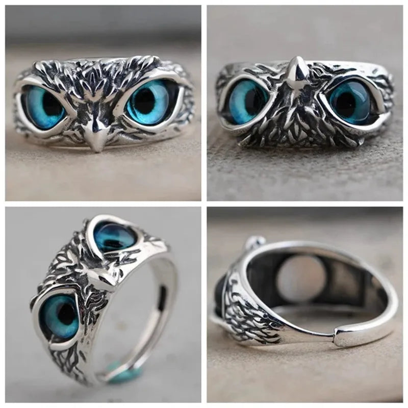 Retro Evil Eyes Owl Rings for Women Men Lover Couple Anillos Rock Open Adjustable Creative Exaggerated Christmas Jewelry