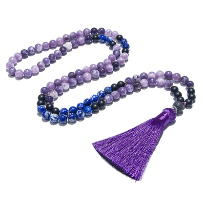 8mm Natural Lapis Lazuli Purple Mica Lepidolite Necklace 108 Mala Beads Necklace Meditation Prayer Rosary Japamala Jewelry Set