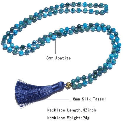 8mm Apatite Beaded Knotted 108 Mala Necklace Bracelet Set Meditation Yoga Prayer Jewelry Japamala Rosary for Men and Women
