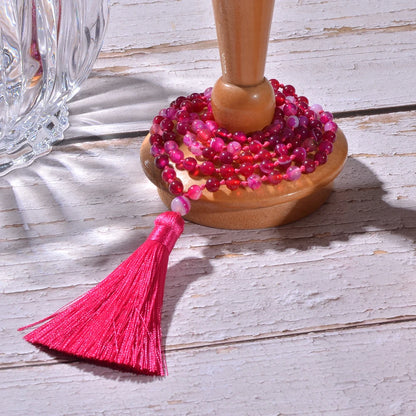 6mm Rose Red Striped Agate Beads Knotted 108 Mala Necklace Meditation Yoga Prayer Jewelry Women's Tassel Rosary