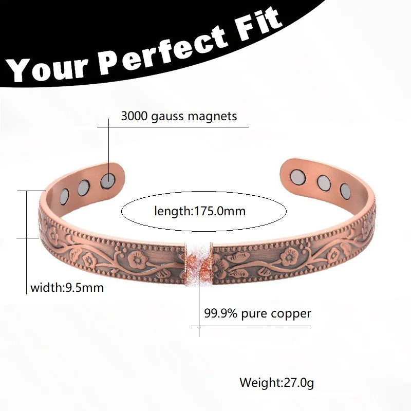 SNQP Magnetic Pure Copper Bracelet for Women Vintage Flower Energy Cuff Bangle Adjustable Jewelry Gift