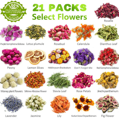 21 Pack Dried Flowers for Candle Making,100% Natural Dried Herbs Kit for Soap Making,Bath,Resin Jewelry Making,Lavender,Rose