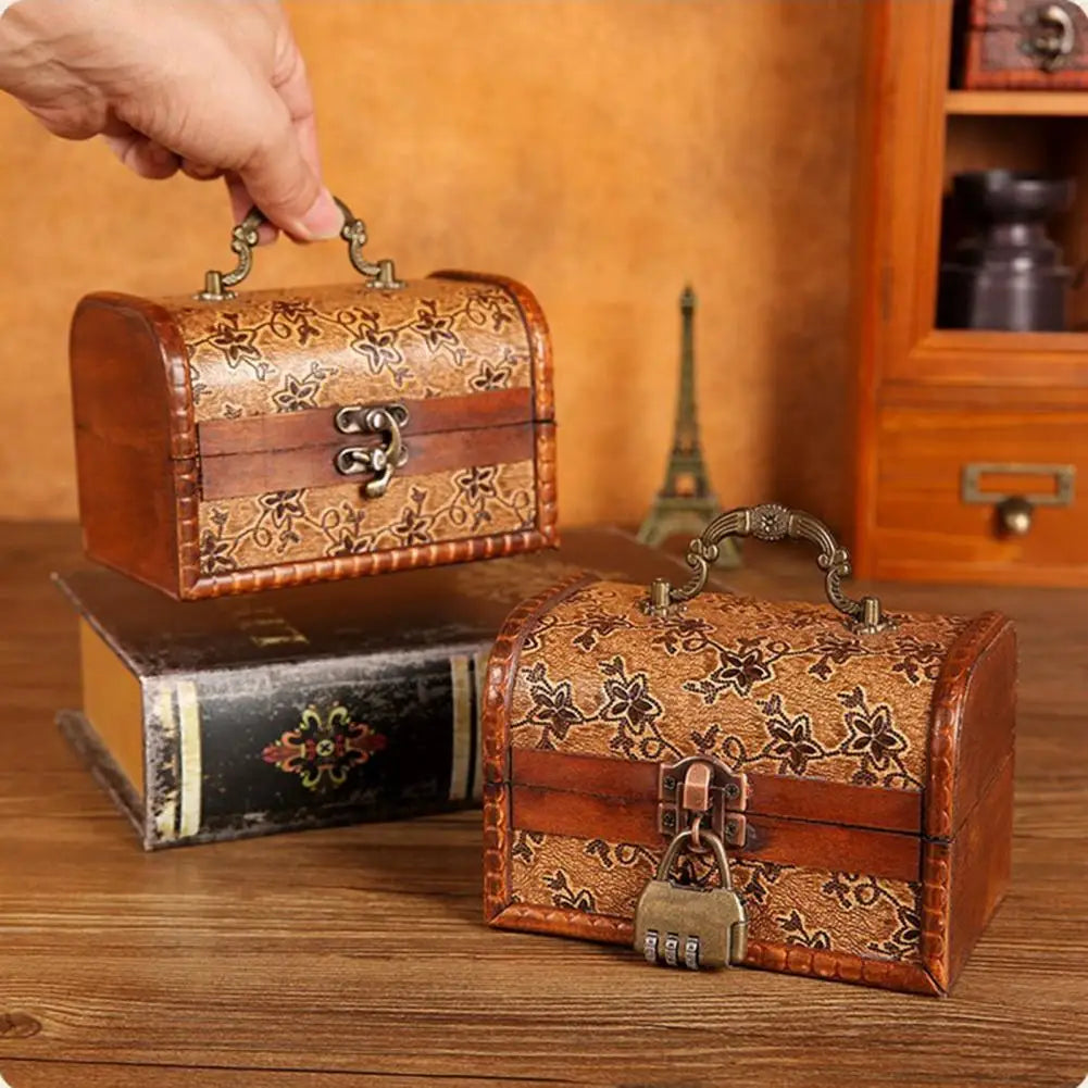 Jewelry Organizer Box Retro Imitation Copper Latch Printed Wooden Mini Treasure Chest Storage Box Photography Prop Earrings Box