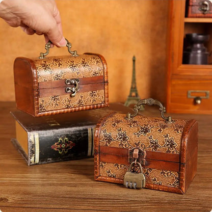 Jewelry Organizer Box Retro Imitation Copper Latch Printed Wooden Mini Treasure Chest Storage Box Photography Prop Earrings Box