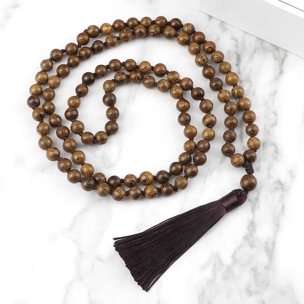 6 8 10mm Original Wooden Beaded Necklace 108 Mala Rosary Yoga Necklaces for Women Men Vintage Meditation Blessing Tassel Jewelry