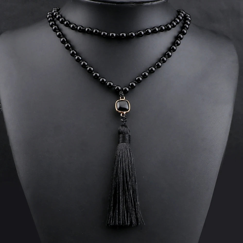 New Natural Black Obsidian Stone Necklaces Men Shiny Black Onyx 108 Mala Beads Necklace Women Buddhist Prayer Yoga Jewelry Gifts