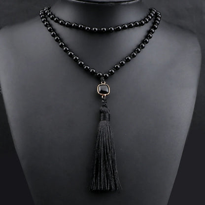 New Natural Black Obsidian Stone Necklaces Men Shiny Black Onyx 108 Mala Beads Necklace Women Buddhist Prayer Yoga Jewelry Gifts