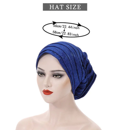 Candy Color Ladies Head Wraps Glitter Muslim Hijab Bonnets Fashion Headgear Elastic Full Body Pleated Turban Cap for Women 2024